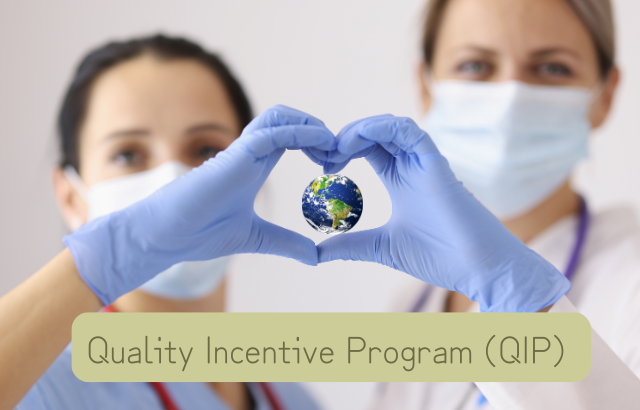 Two healthcare professionals in masks forming a heart shape with their hands, holding a small globe within it, emphasizing their commitment to global health under the Quality Incentive Program (QIP)