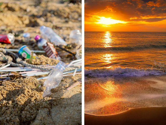 Split-screen visual with two contrasting scenes: Left Side: A sandy beach littered with plastic waste, including plastic bottles, straws, and various other trash items, emphasizing pollution and environmental degradation. Right Side: A serene and clean beach at sunset, with a golden sun reflecting on the calm waves of the ocean, symbolizing natural beauty and a sustainable, unpolluted environment. The image symbolizes the contrasts between environmental harm and the potential for a clean, thriving ecosystem.