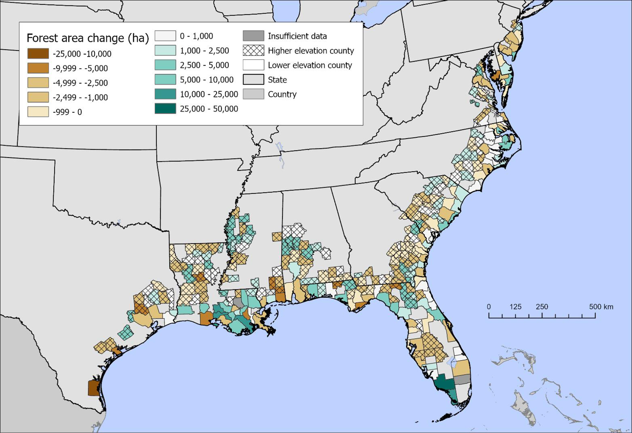 Map of change between sampling intervals in forest area for low and mid elevation (crossed) counties derived from the FIA.